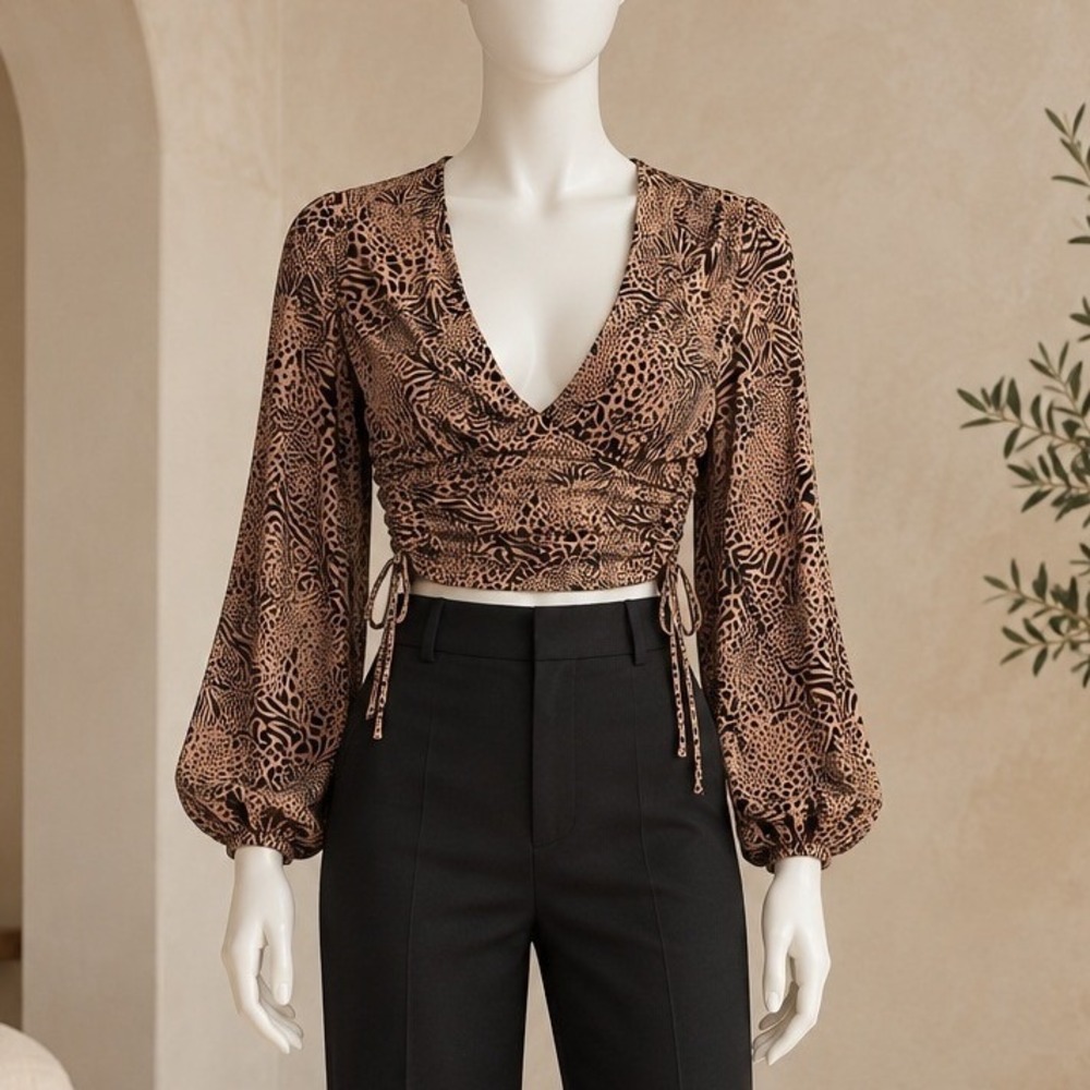Almost Famous Women Top Animal Print Ruched Long Sleeve Large